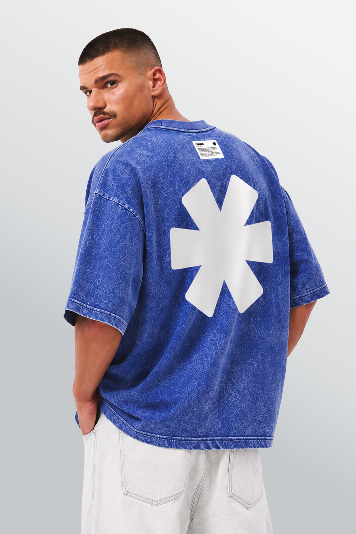 Oversized Rundhals T-Shirt Blau Acid-Washed