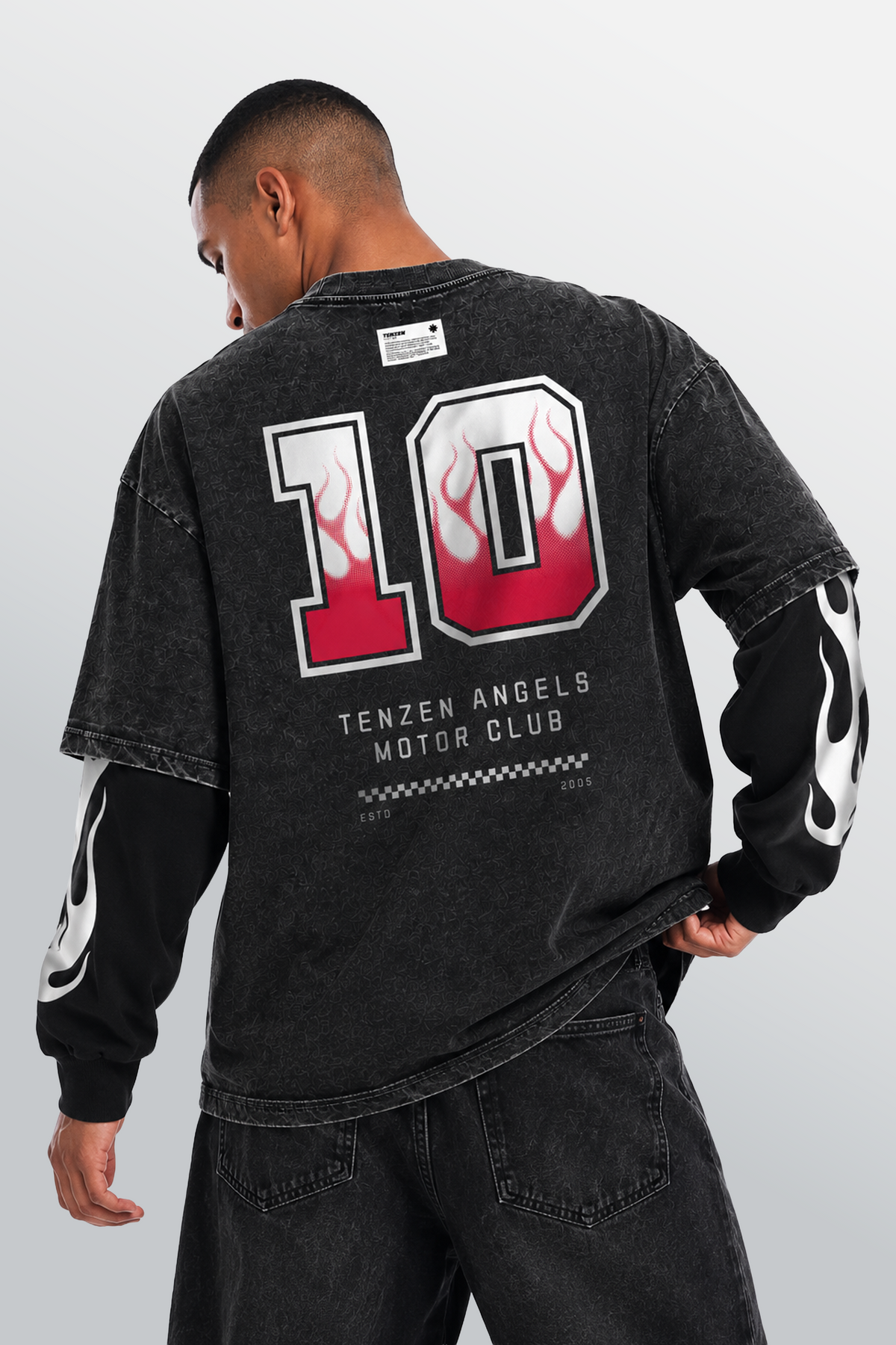 Angels Motor Club Layered T-Shirt Schwarz Acid-Washed