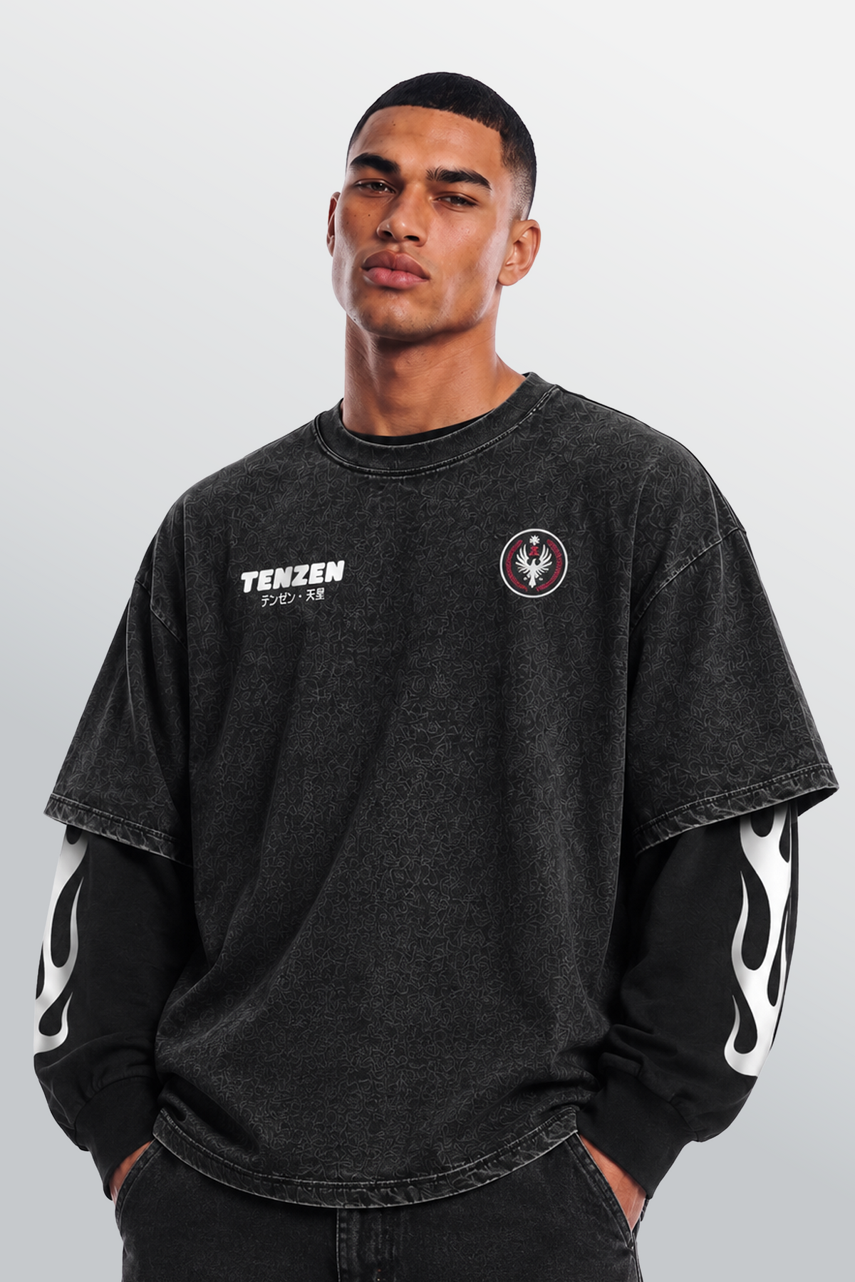 Angels Motor Club Layered T-Shirt Schwarz Acid-Washed