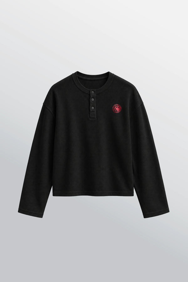 Tenzen Dark Sister Oversized Henley Waffel T-Shirt Schwarz