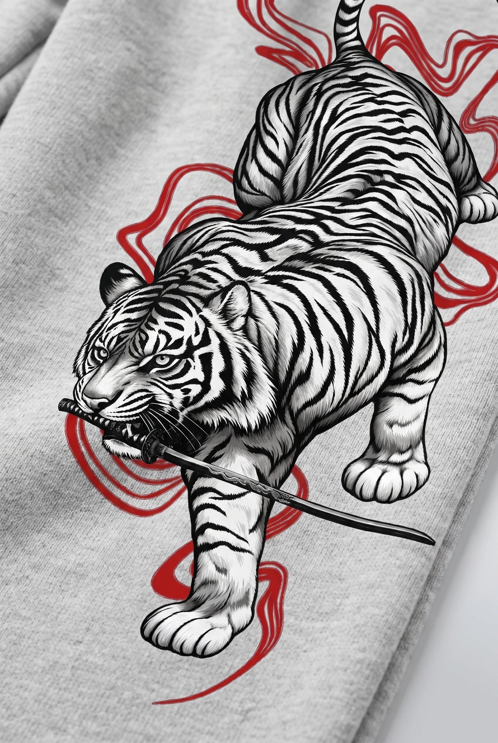 Brave Tora tiger artwork detail on grey sweatpants