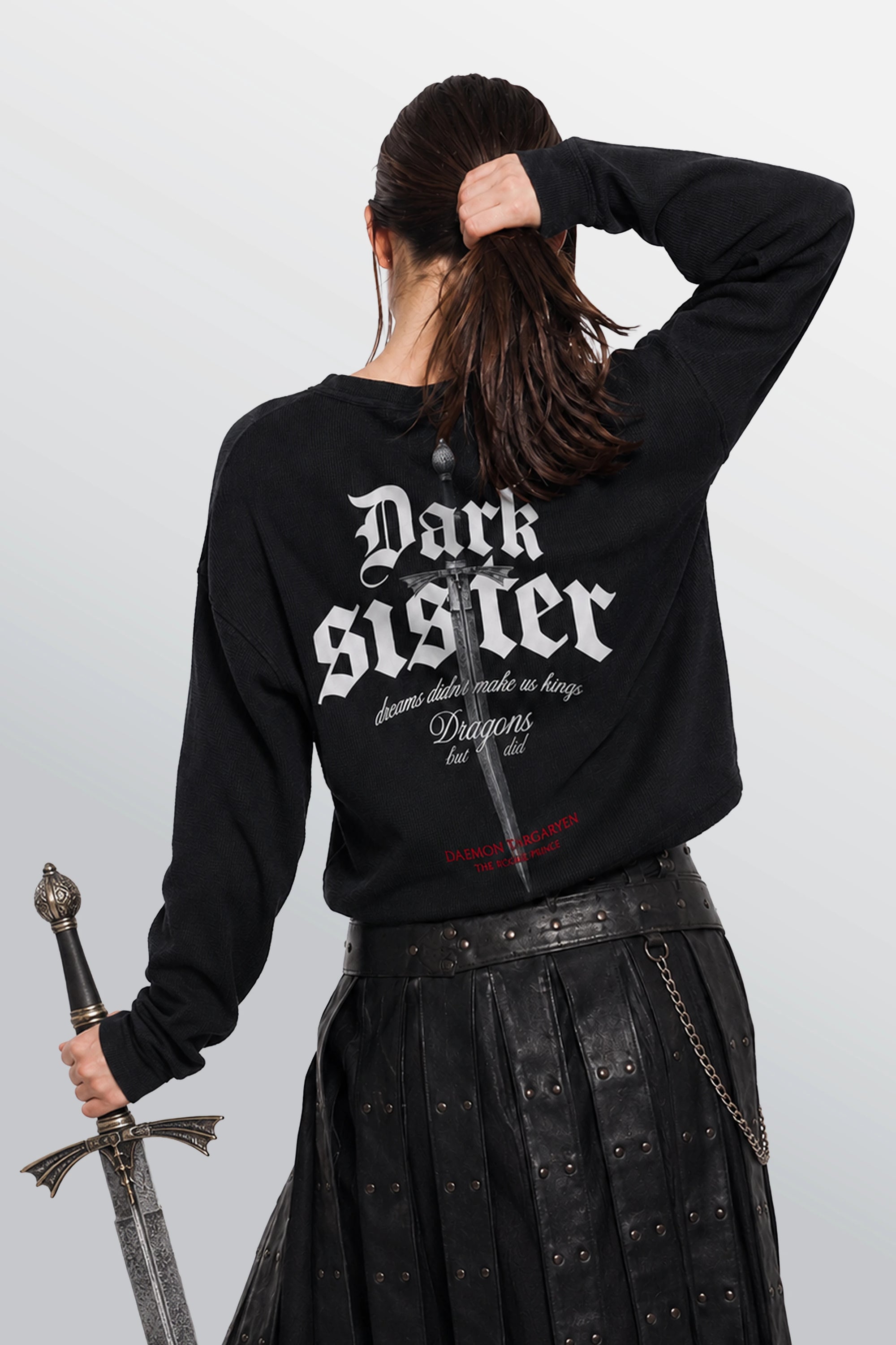 Dark Sister Oversized Henley Waffle Tee Black – Model-Alt-Back