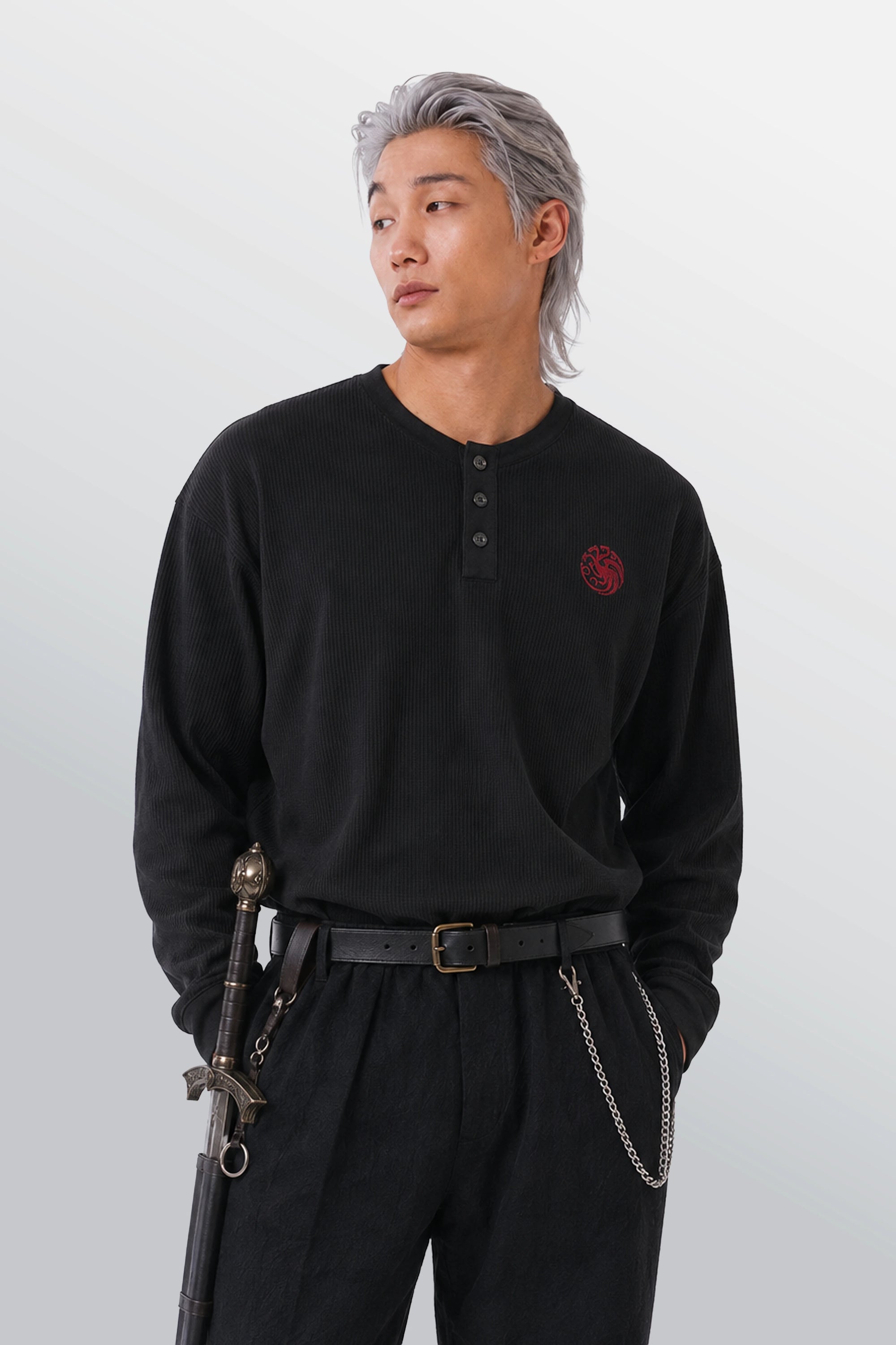 Dark Sister Oversized Henley Waffle Tee Black – Model-Alt-Front