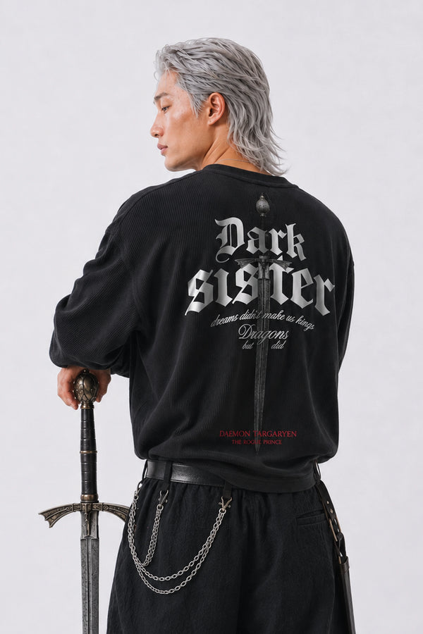 Tenzen Dark Sister Oversized Henley Waffel T-Shirt Schwarz