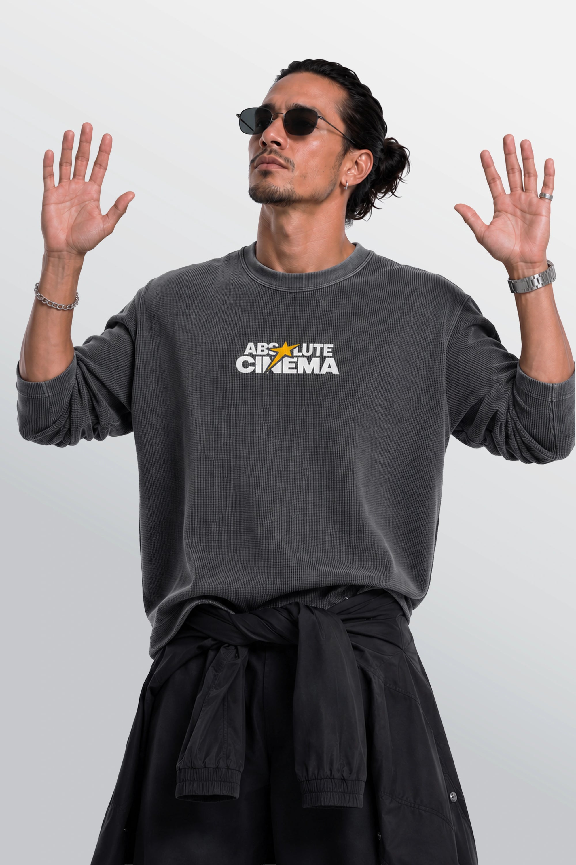 Absolute Cinema Oversized Waffle Tee Acid Black – Model-Front