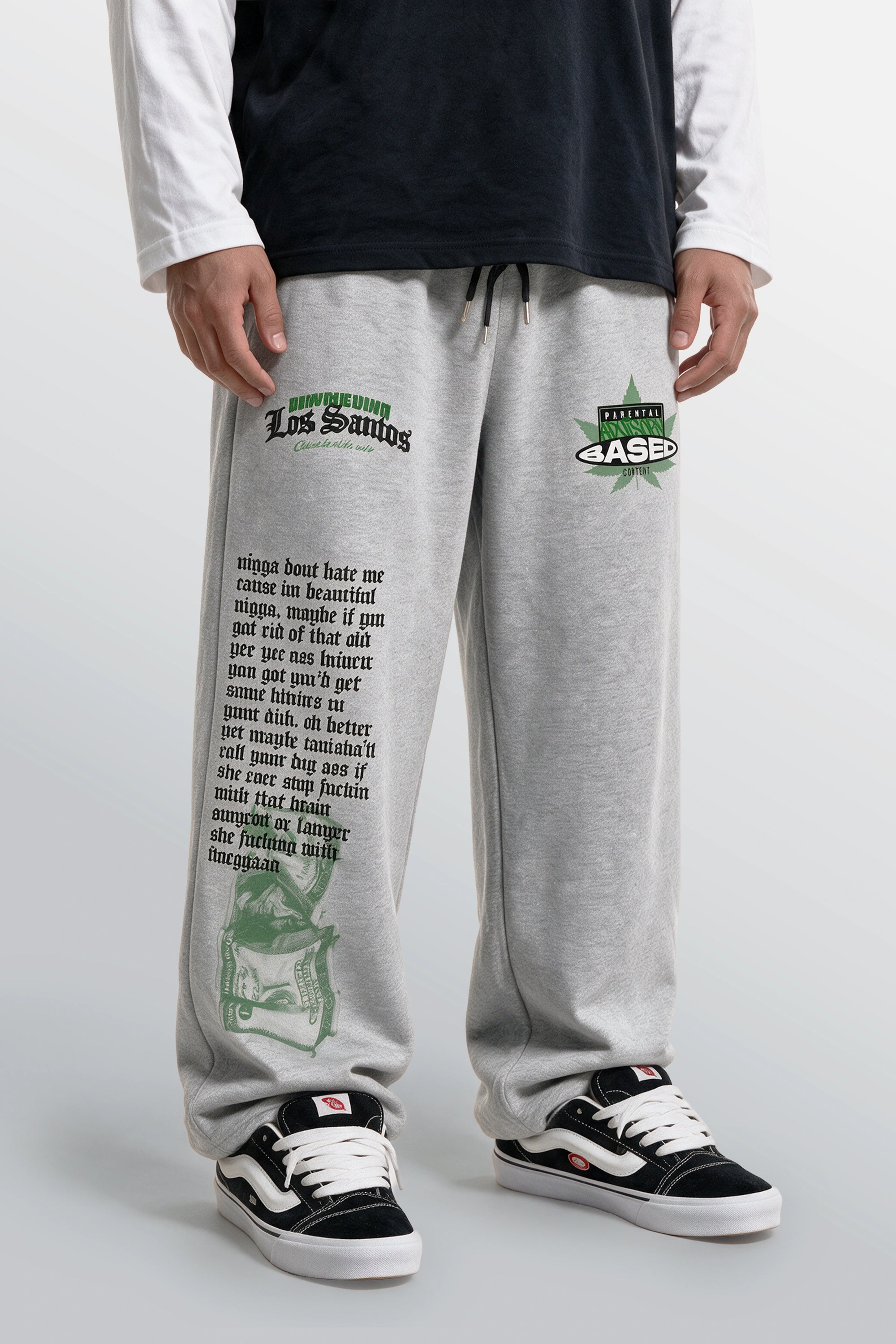 Los Santos grey loose-fit sweatpants front view on male model