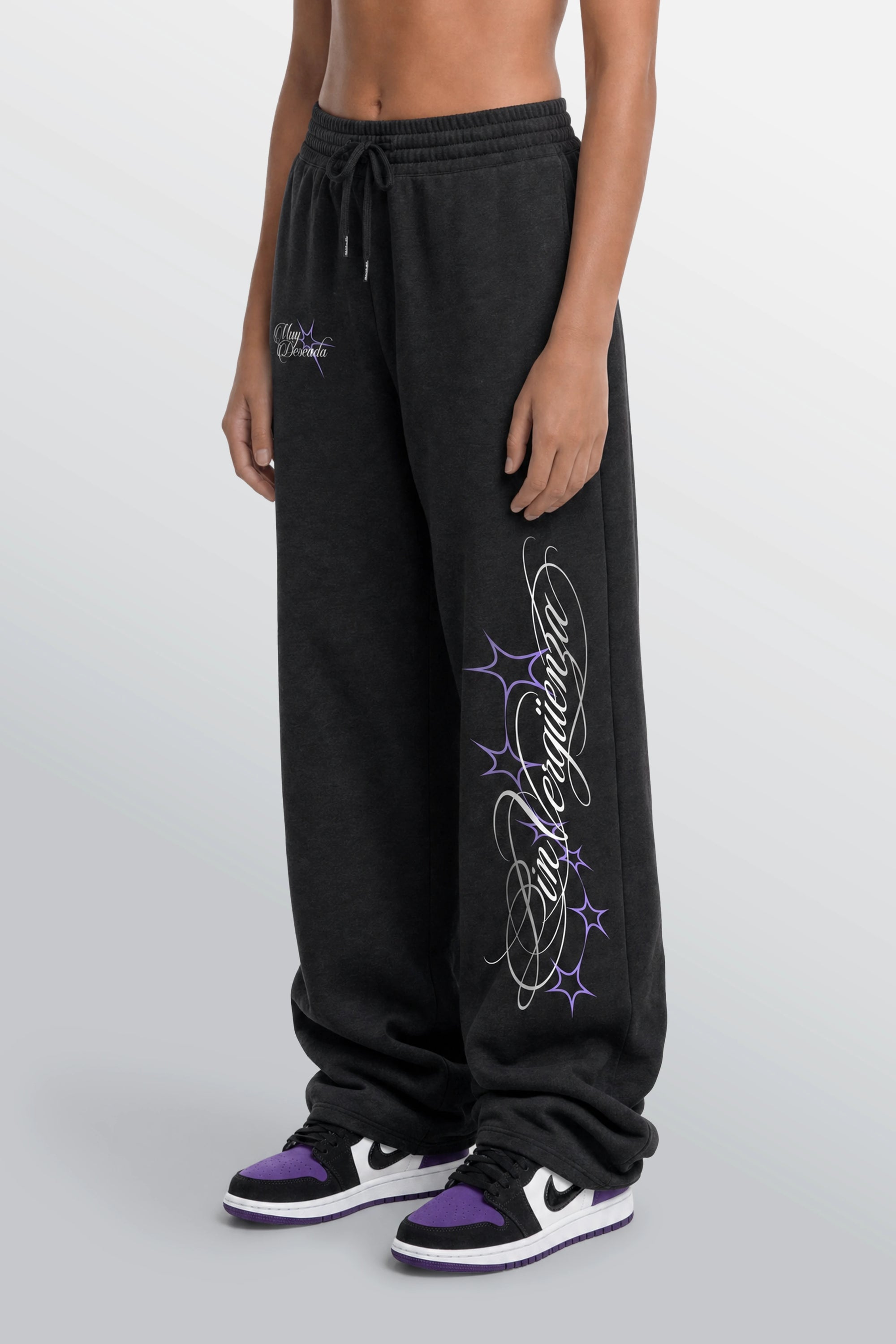 Bon Appetit black loose-fit sweatpants front artwork on female model