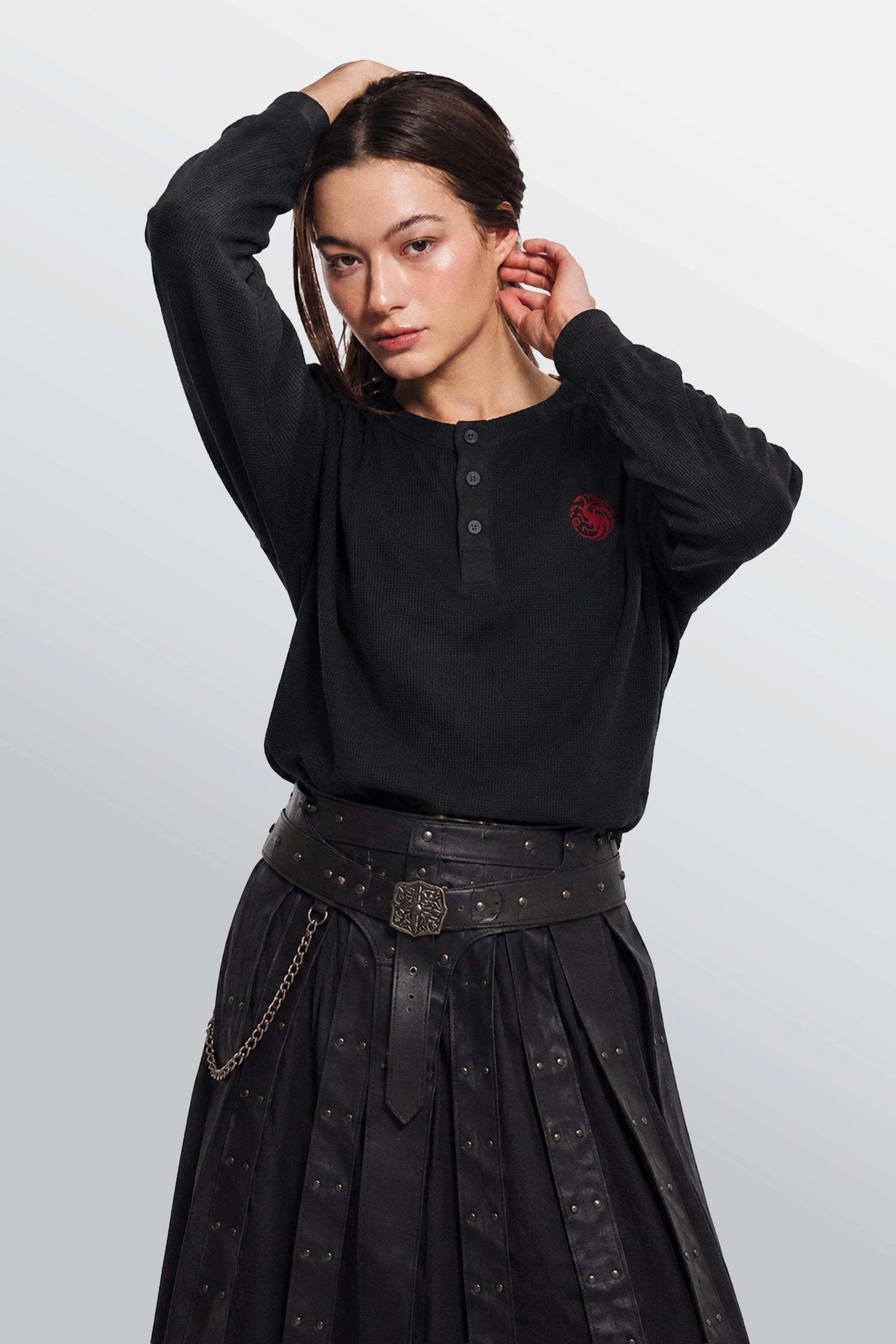 Dark Sister Oversized Henley Waffel T-Shirt Schwarz