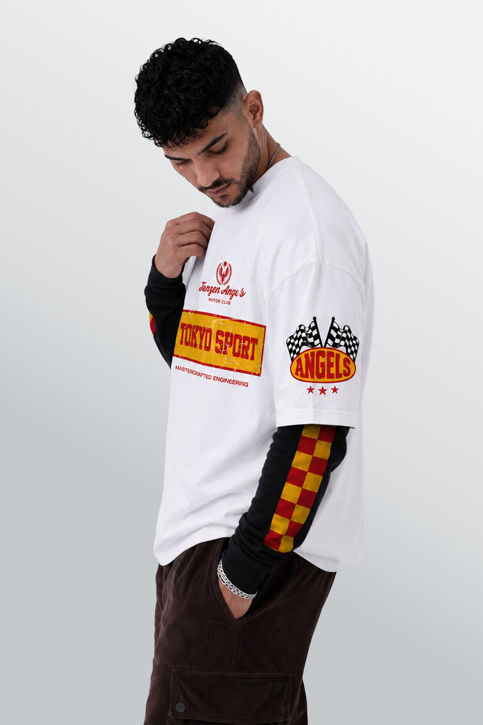 Tokyo Sport Layered Tee White – Model-Left